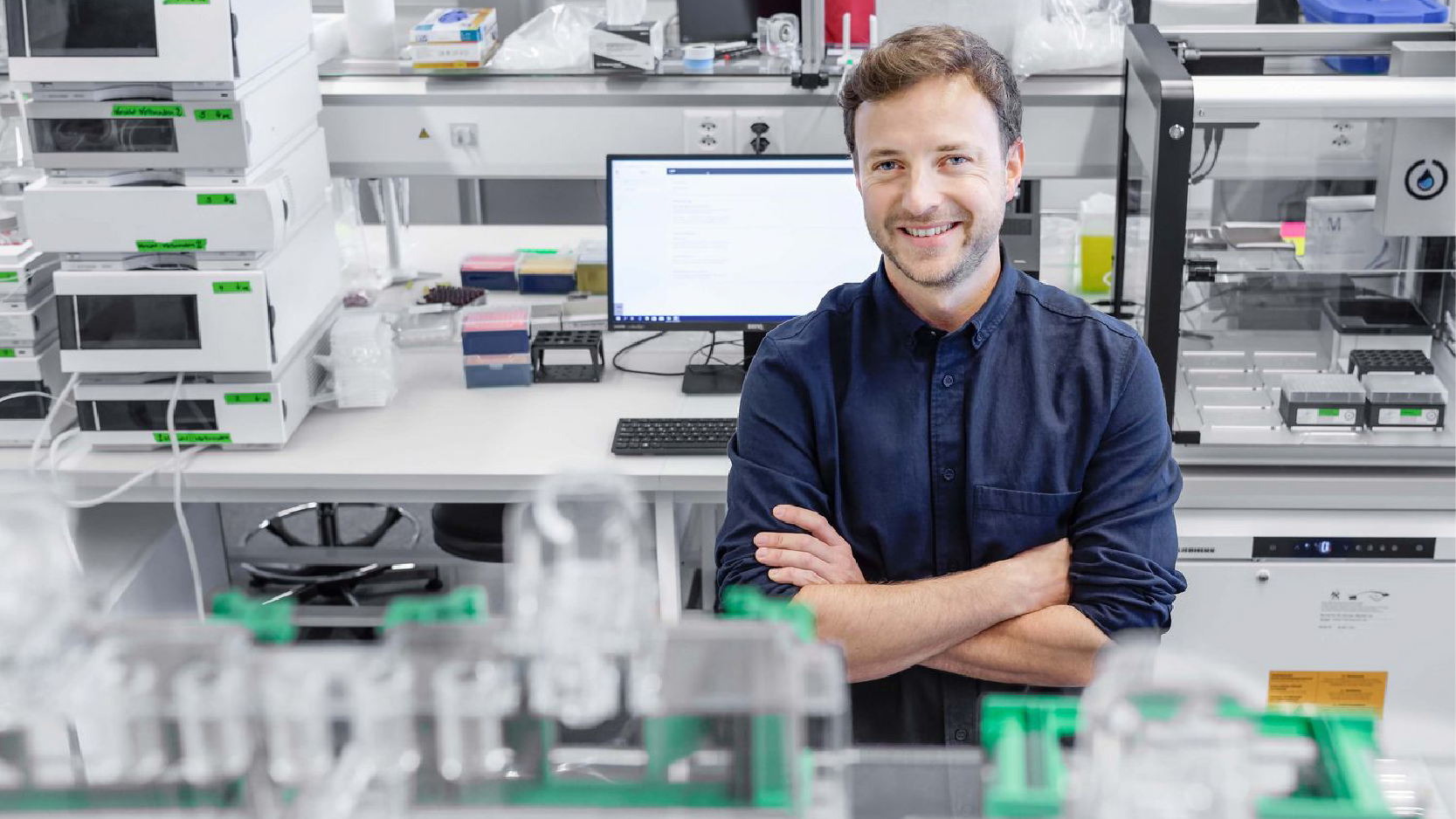 Yannick Devaud at the UZH Life Science Incubator Lab in Schlieren, near Zurich, where the biotechnologist is free to use the research equipment to prepare and perfect his invention for market.